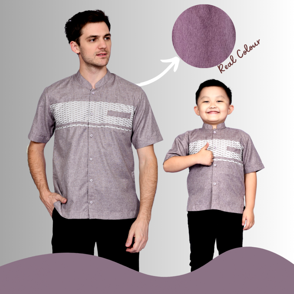 Koko Couple Ayah dan Anak warna Soft Ungu Mauve motif Songket (baru)