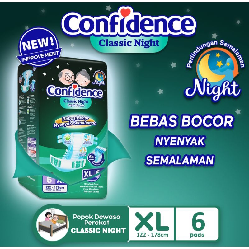 Popok Dewasa Confidence Classic Night XL6/ Pampers Celana Pelekat Orang Tua Ukuran XL isi 6