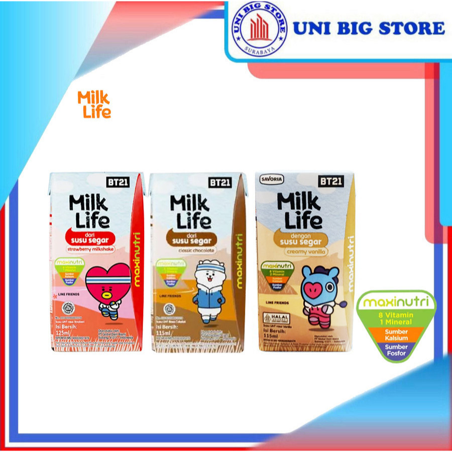 

Milk Life UHT Susu Vanilla Chocolate Strawberry 115 ml Kids Coklat Stroberi