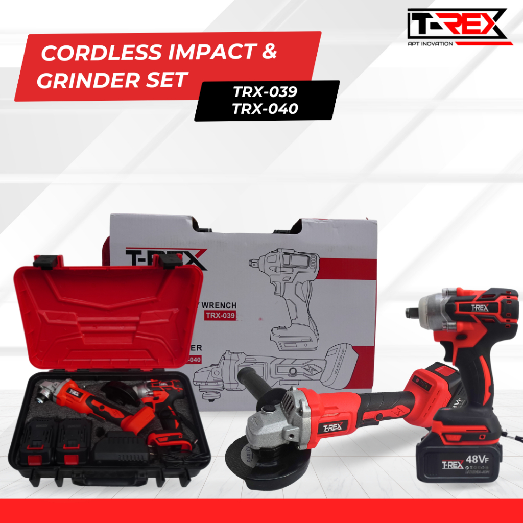 TREX PAKET BUNDLE  CORDLESS GERINDA + IMPACT WRENCH SOCK BATERAI MESIN GRINDA+BOR BUKA BAUT FULL TEM