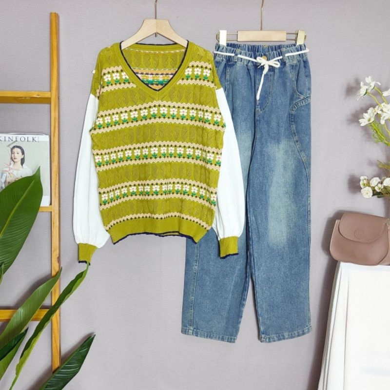 Setelan Anak Perempuan Remaja Cewek Impor Knit Vest Denim Jeans Rajut