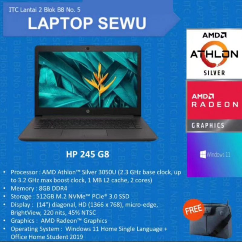 HP 245 G8 AMD ATHLON SILVER 3050U 8GB SSD512GB RADEON WIN 11 BARU