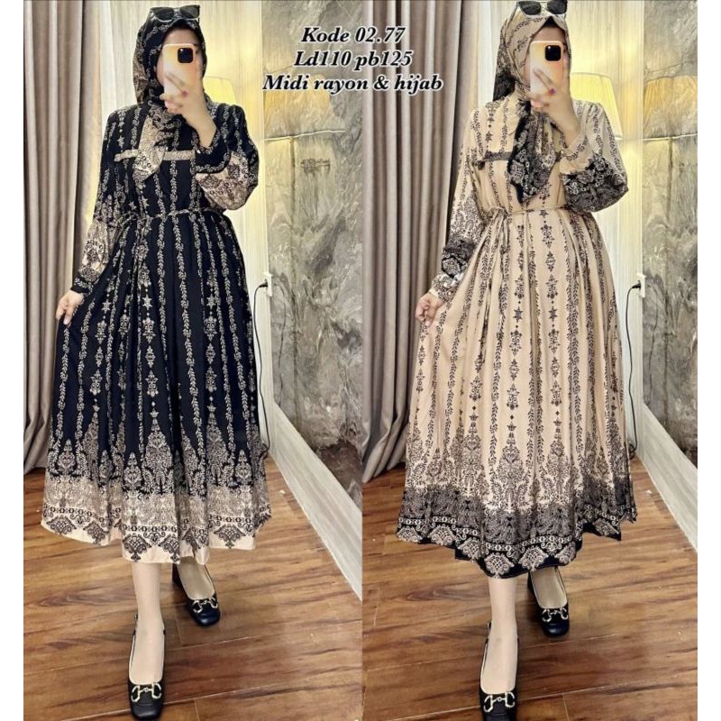 sale cuci gudang new gamis midi | midi dress etnik rayon twill| midi dress etnik rayon amor|  midi b