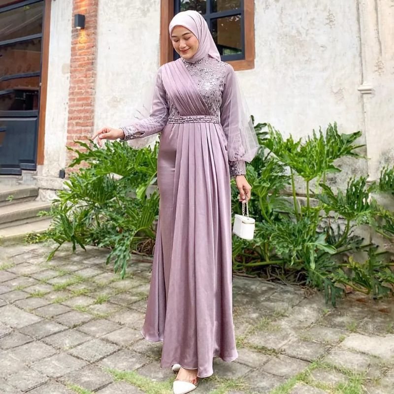 Gamis Silk Satin Premium Mix Brokat Baju Kondangan Kekinian Dress Bridesmaid Mewah Lengan Balon Jumb