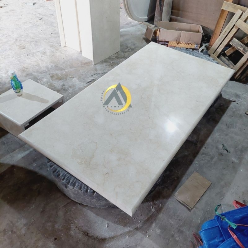 Daun meja kotak asli batu marmer putih krem super kilap glossy 150x80