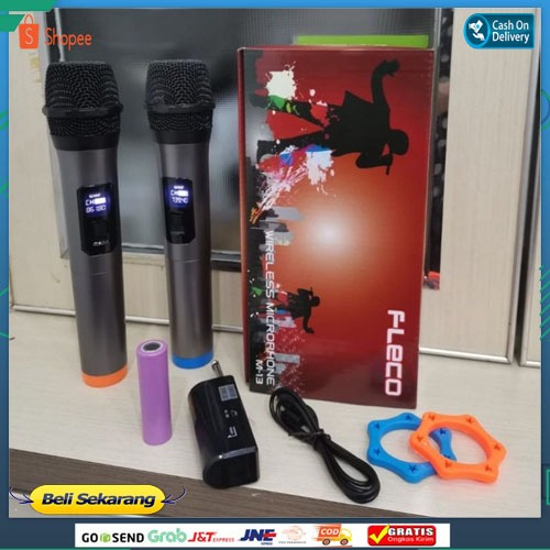 MICROPHONE WIRELESS DOUBLE FLECO M-13 LED / MIC KARAOKE FLECO M-13 / MIC TANPA KABEL FLECO M-13