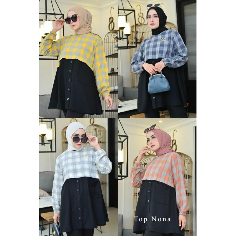 blouse kotak-kotak kombinasi / blouse kekinian / atasan semi tunik / tunik kotak-kotak