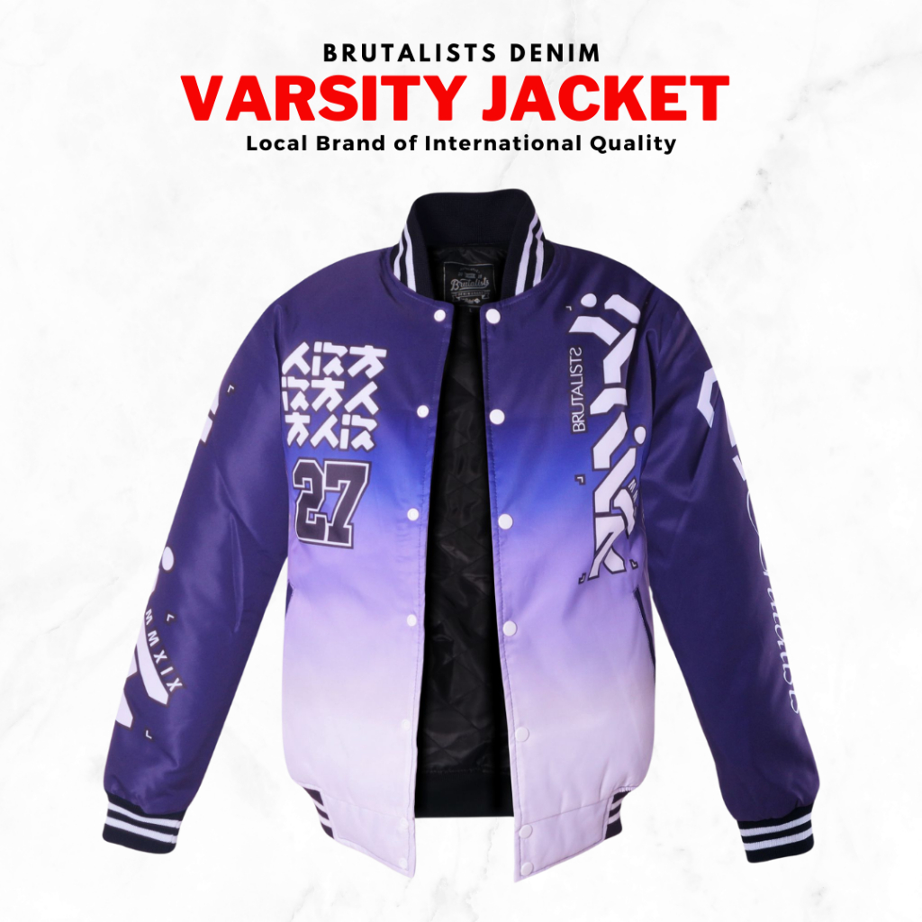 Jaket Baseball Varsity Jacket Pria Wanita Printing Motif Gradasi Ungu Brutalist
