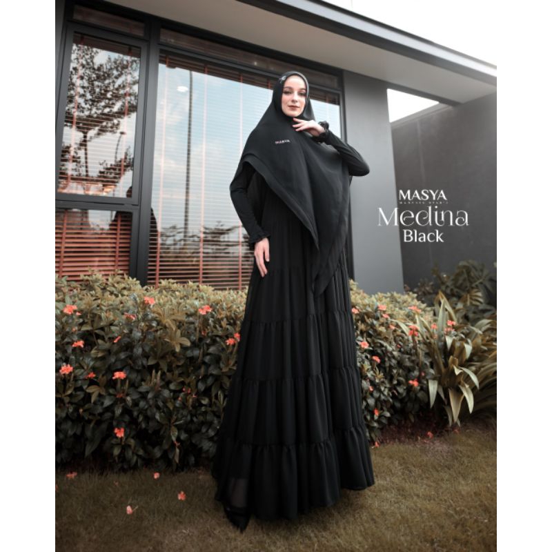 Set Gamis Dress Ceruty Babydoll Premium Syari Branded Hitam Pekat - Black - Jet Black - Hitam Mewah 