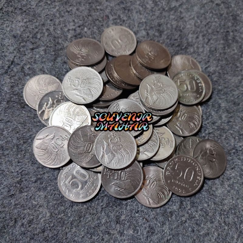 (Kinclong/Dibersihkan) Uang koin kuno 50 rupiah cendrawasih rp 50 cendrawasih rp.50 untuk mahar nikah 23 rupiah 2023 rupiah