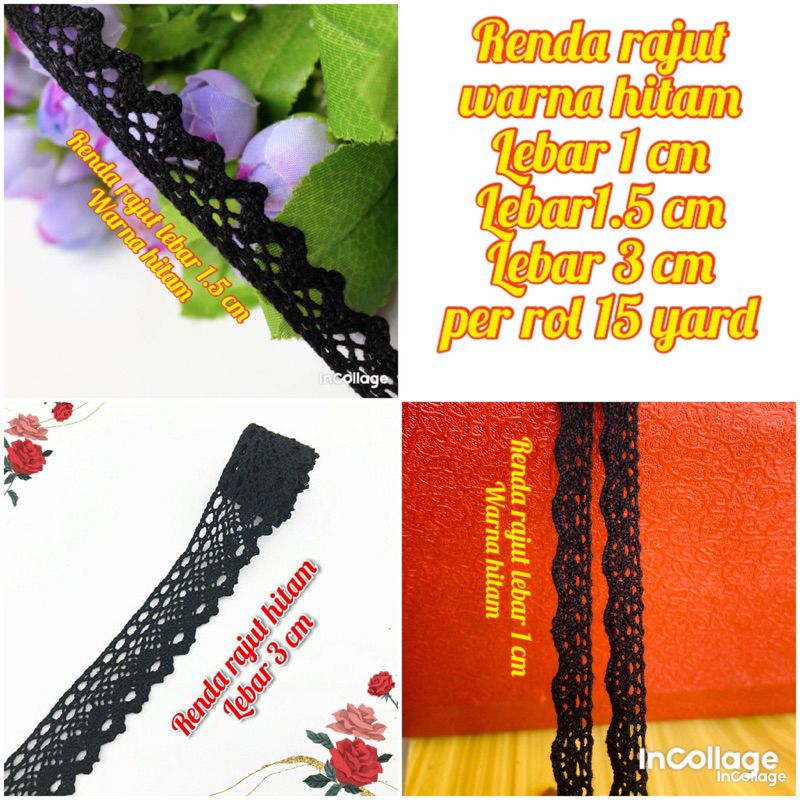 per rol 15 yard renda rajut warna hitam lebar variasi