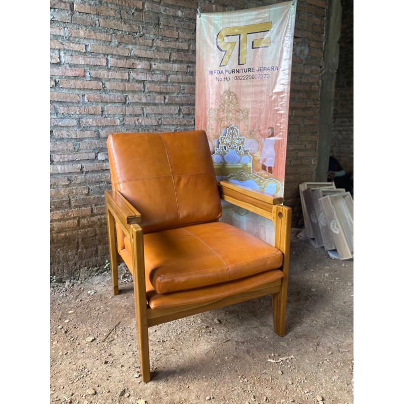 REAL PICT  Kursi Tamu Jati Single Kulit Sapi ( Kursi Murah, Kursi Sofa, Kursi Jati )