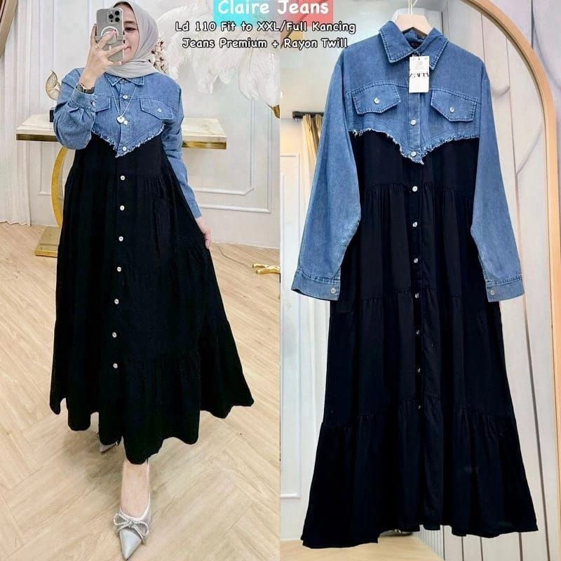 Ready siap kirim gamis midi wanita promo avenue jeans / Claire /Hazel Jeans / set rossa/ Midi sobek/
