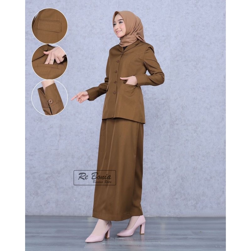 FREE ONGKIR BLAZER REBONIA SERAGAM PNS PEMDA TUA KHEKI TUA BAJU PNS SETELAN PNS WANITA SETELAN ROK A