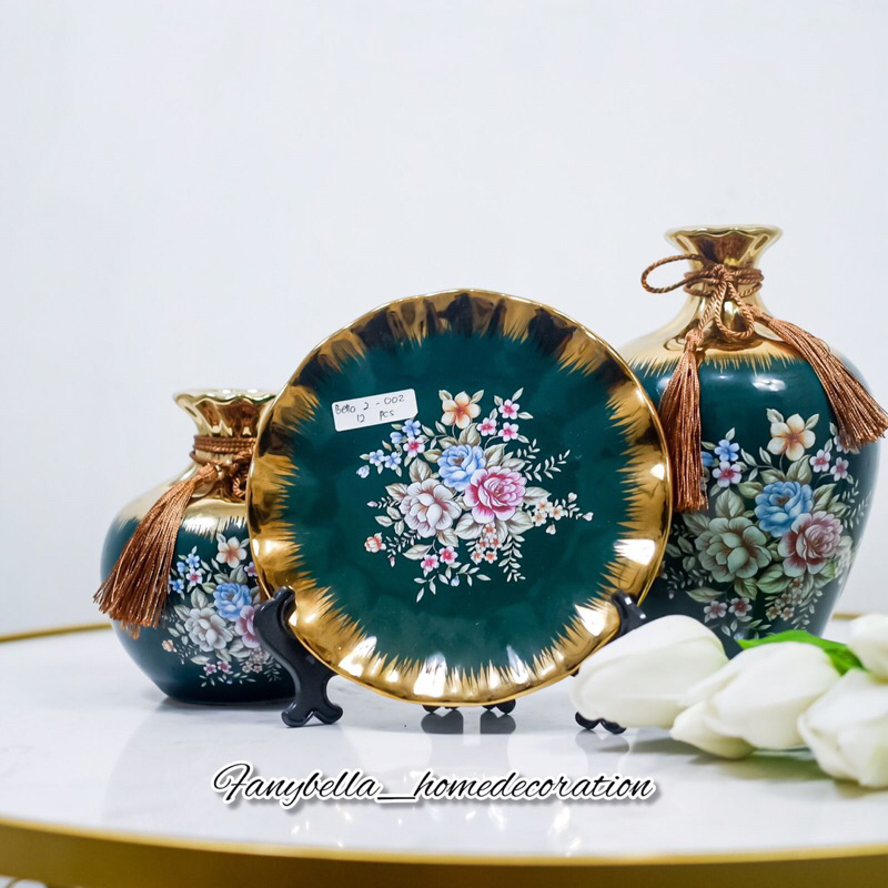 Pajangan Meja Guci Piring Keramik Piring Satu Set hijau Emas Gold Motif Bunga Porselen Dekorasi Ruma