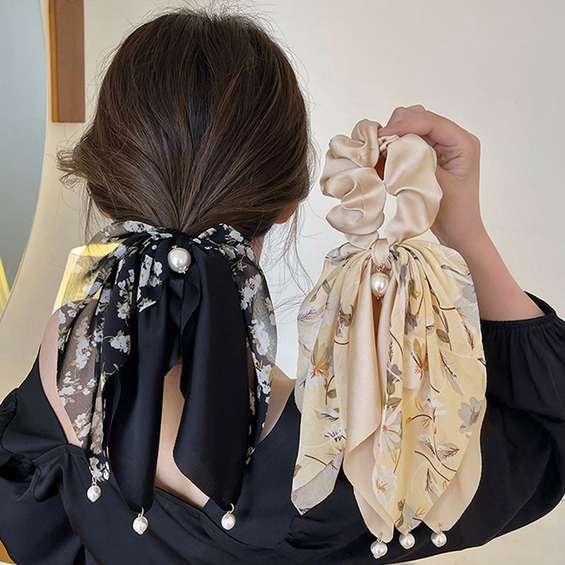 Ikat Rambut Pita Kain Satin Mutiara Fashion Korea Wanita