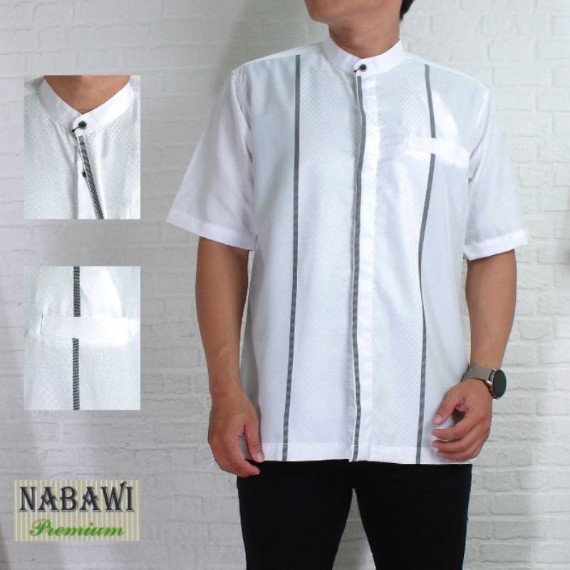 Baju Kemko Putih Bahan Katun Madinah Motif Salur Putih Dan Hitam Nabawi