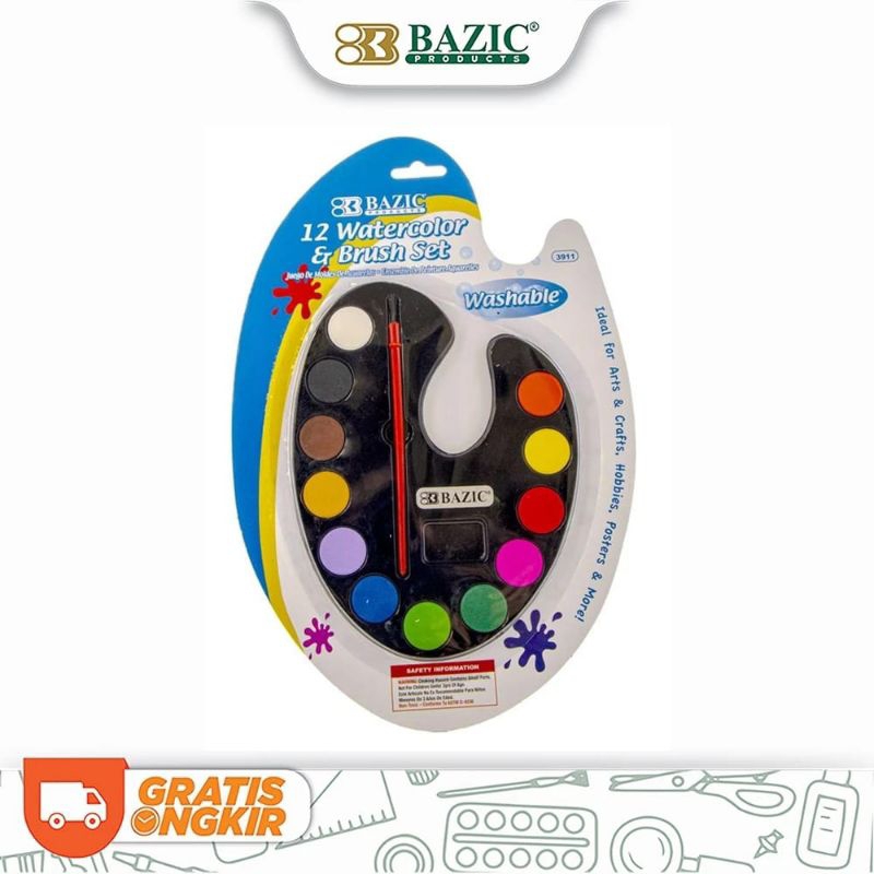 

ATK-POINT | BAZIC 12 WATER COLOR & BRUSH SET CAKE WASHABLE | CAT AIR BAZIC 3911
