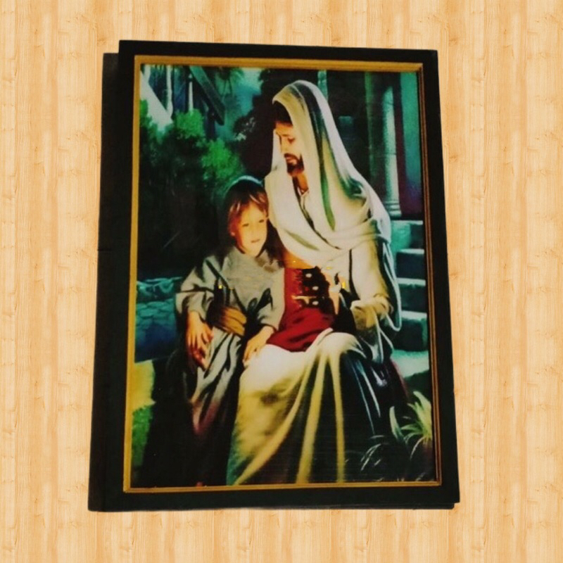 lukisan cetak gambar Yesus dengan lentera anak kecil plus bingkai