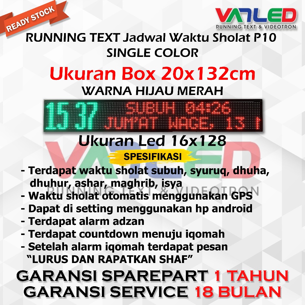 Jam Sholat Jadwal Sholat Digital Jam Masjid P10 Single Color 20x132cm Wifi