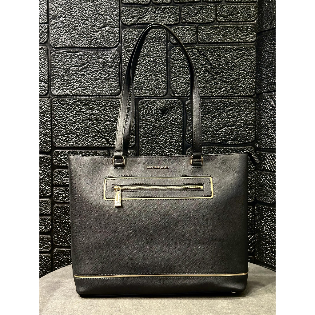 Michael Kors Black Gold Tote Bag Leather Tas Wanita Original Preloved