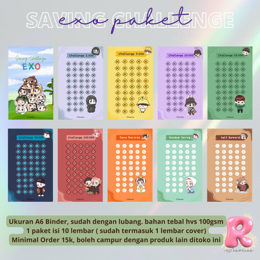 

isi saving challenge exo set isi 10 lembar ukuran A6 6 ring
