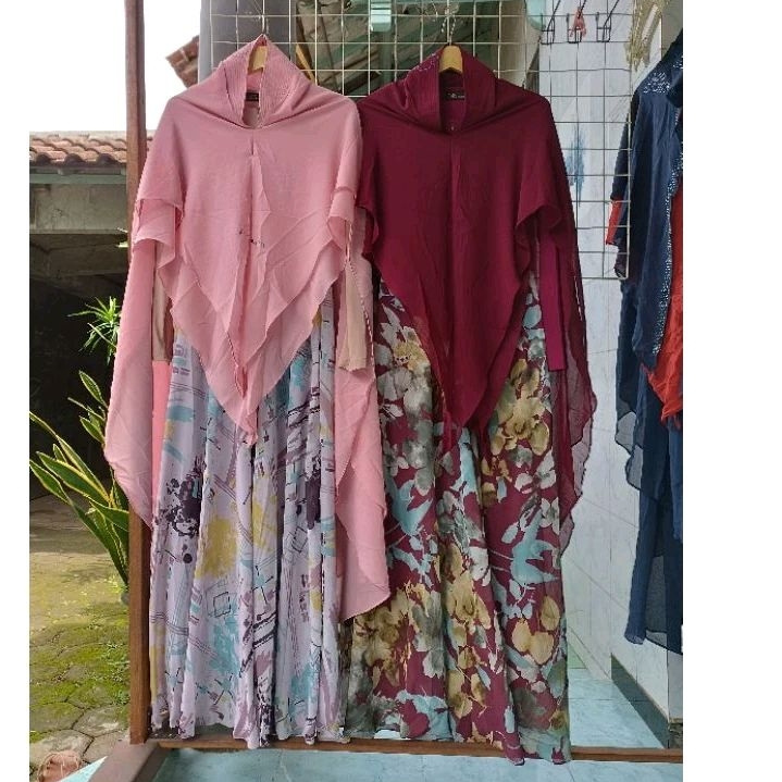 BerMus - Gamis Syar'i set Khimar ceruty printing by NK Muslimah moslem wear