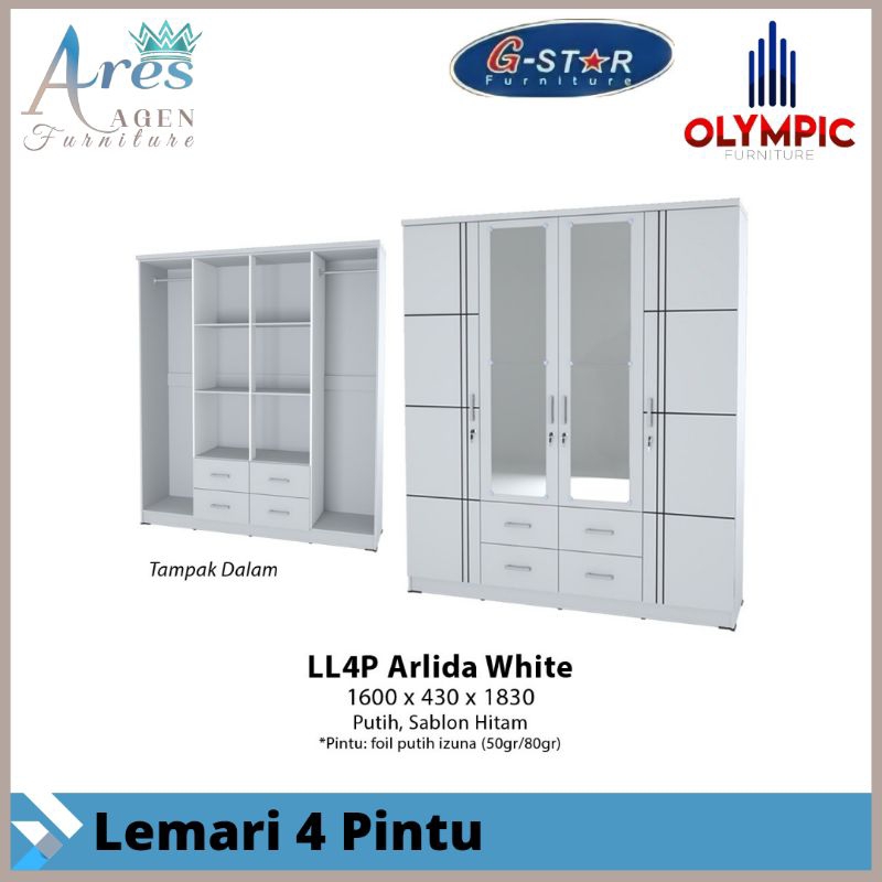 Lemari pakaian 4 pintu putih lemari baju olympic putih lemari minimalis murah Tegal