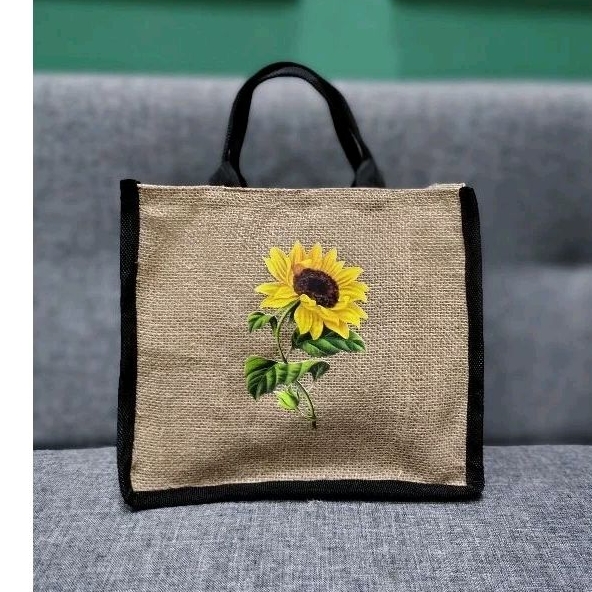 TOTE BAG WANITA BESAR JUTE GONI TEBAL MOTIF BUNGA MATAHARI TOTEBAG KULIAH KERJA KOREA TAS SHOPPING I