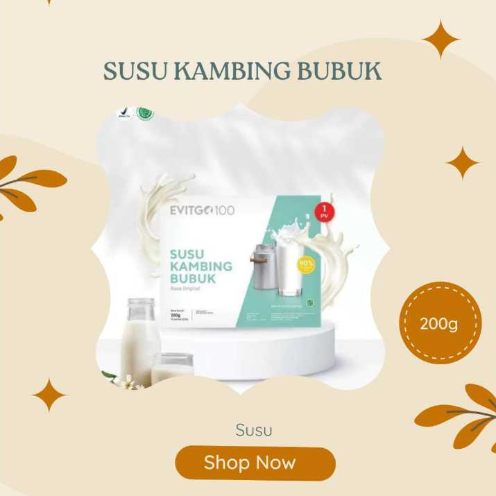 

SUSU KAMBING ETAWA - 1 KOTAK - EVITGO 100 - KEMASAN BARU - BPOM - ISI 10 SACHET MENJAGA DAYA TAHAN TUBUH