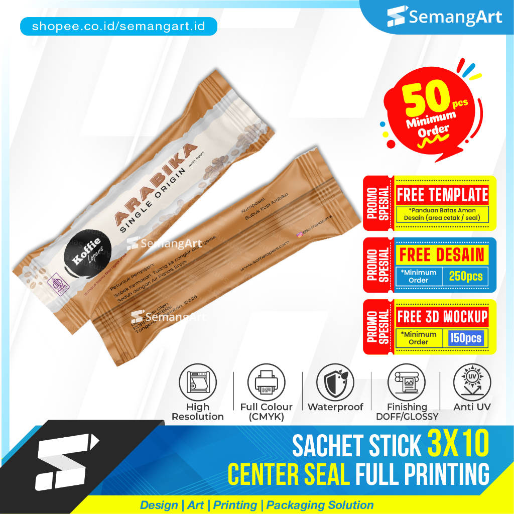 

Kemasan Sachet Center Seal 3x10 Bungkus Minuman Serbuk Collagen kopi Makanan Full Printing Desain Custom