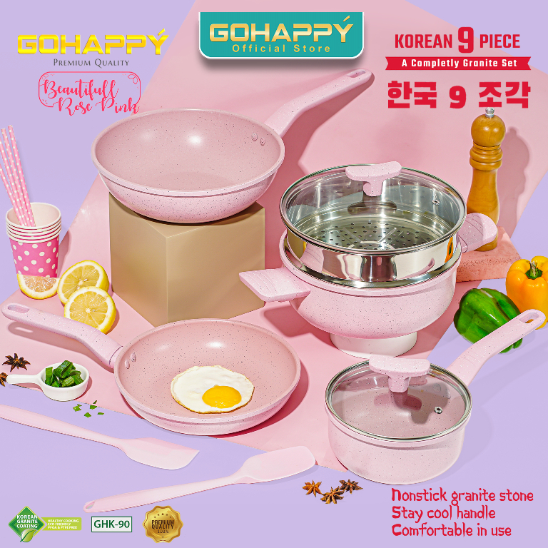 PANCI GOHAPPY GHK90 KOREA Anti Lengket Panci Set Granite Isi 9Pcs Casserole Fry Pan Wok Pan Milk Pan