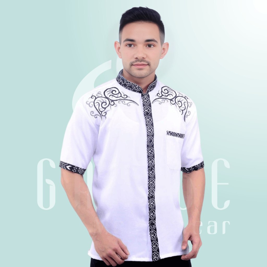 Galibe - Baju Kemeja Kombinasi Bordir Hem Koko Pendek Muslim Fashion Pria Dewasa
