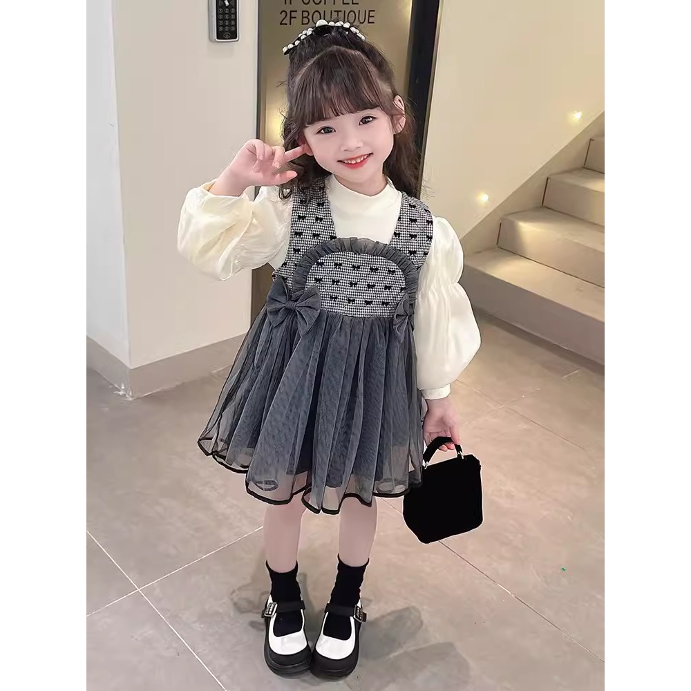 Dress 2in1 Anak Perempuan Usia 1-4 Tahun Model Inner Kaos Polos Lengan Balon Panjang Mix Rompi Jumps