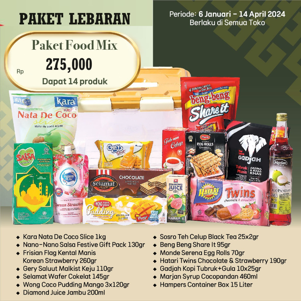 

HAMPERS LEBARAN PAKET FOOD MIX KUE & MINUMAN + CONTAINER 15 LITER