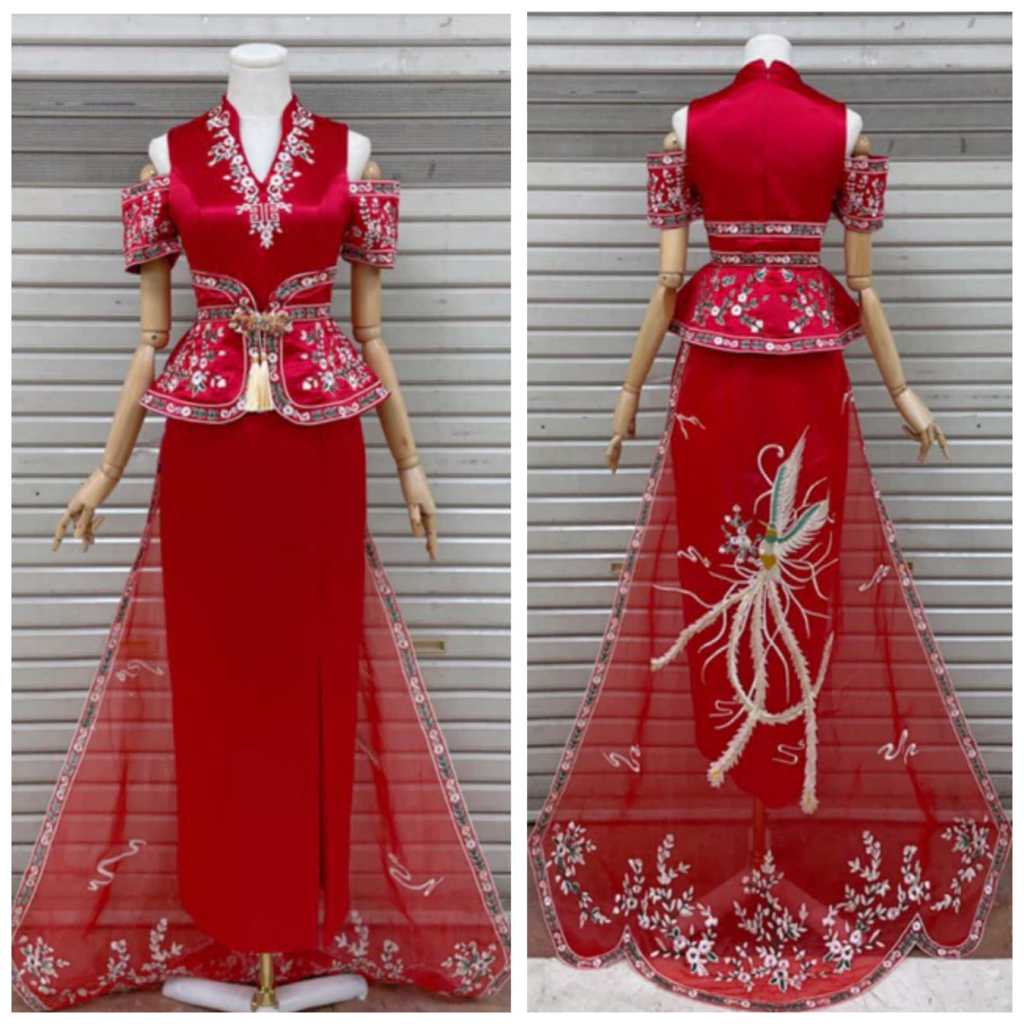 Longdress cheongsam merah maroon gold biru navy dress shanghai qipao gaun sangjit lamaran dress brid