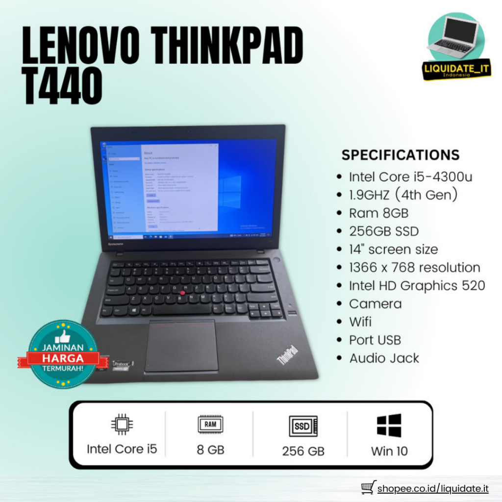 Lenovo ThinkPad T440 Termurah - Core i5-4300u 1.9GHz 8 GB RAM 256 GB SSD