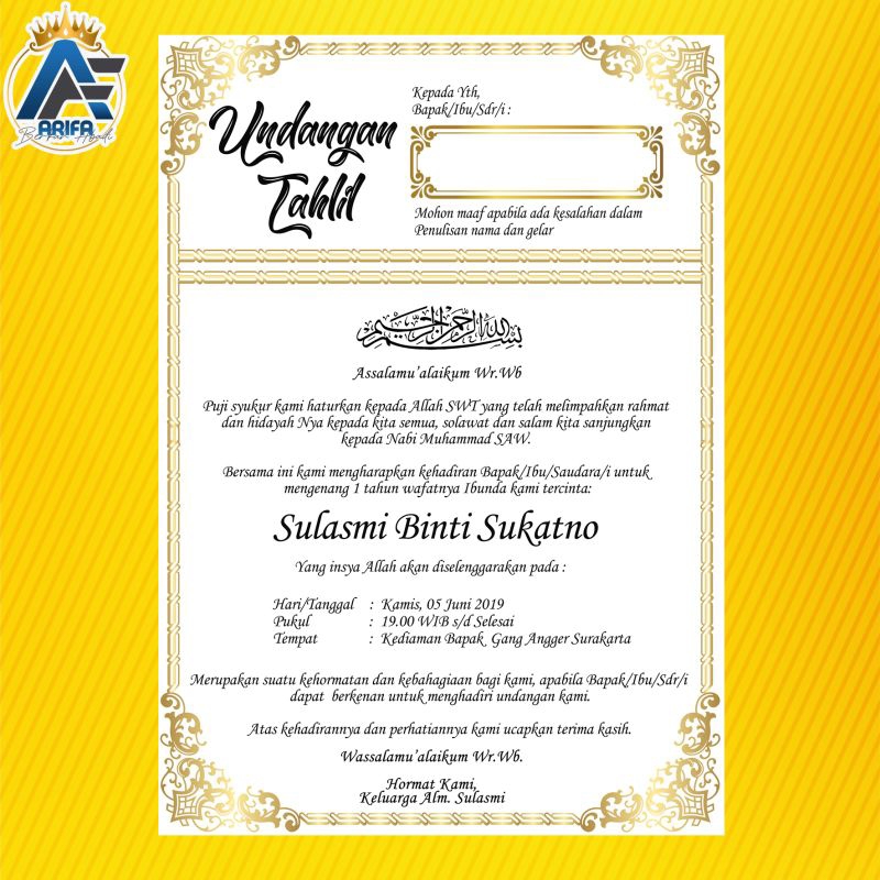 

Cetak Undangan Tahlilah kenduri walimatul ursy walimatul khitan Desain 2 Arifa Berkah Abadii