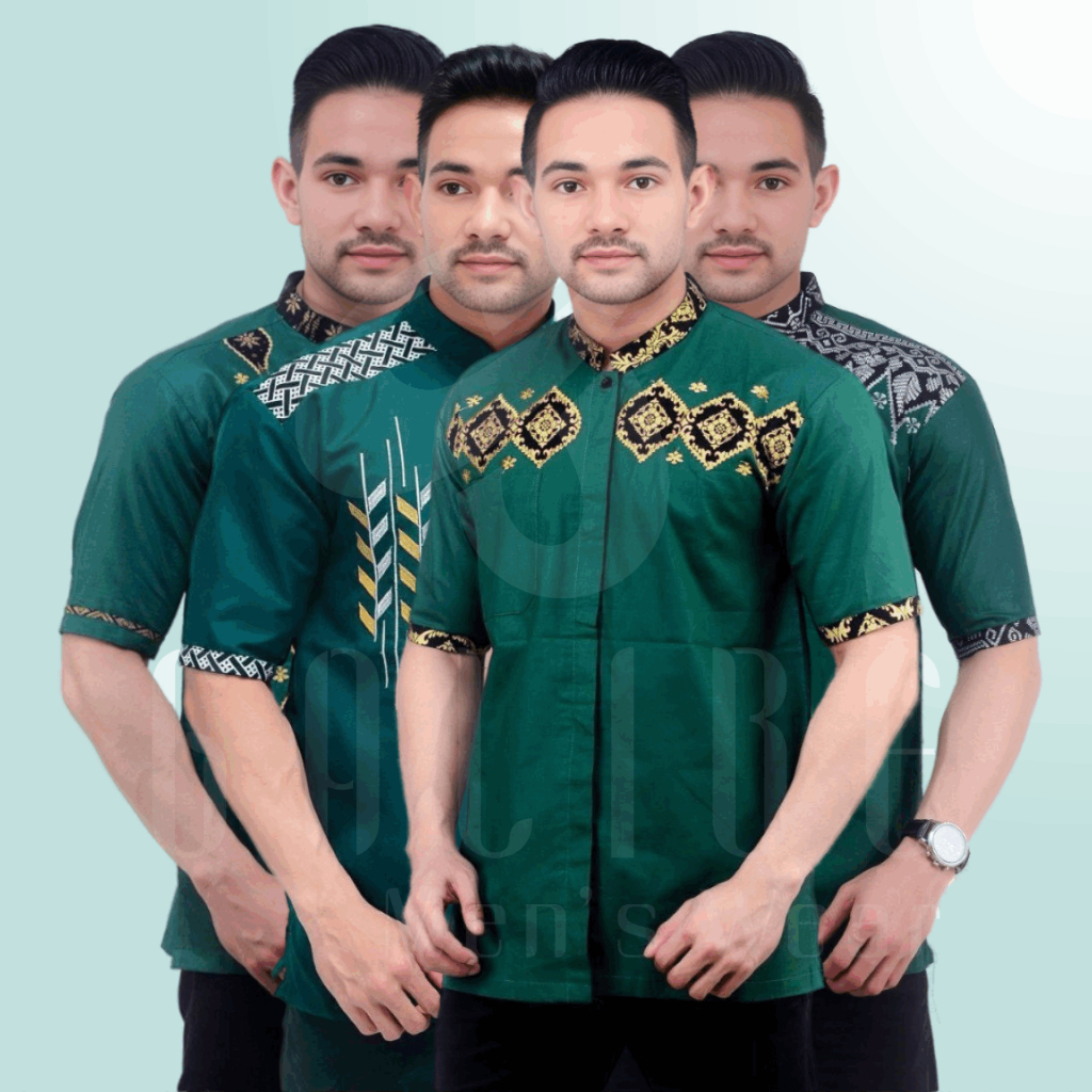 Galibe - Baju Kemeja Kombinasi Bordir Batik Prada Ijo Botol Fashion Muslim Koko Pria Green Series