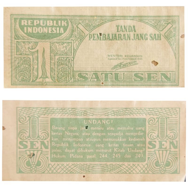 Uang Kuno Indonesia 1 sen Ori 1945 oeang Republik Indonesia Dijamin Original 100% Kondisi AXF Hole