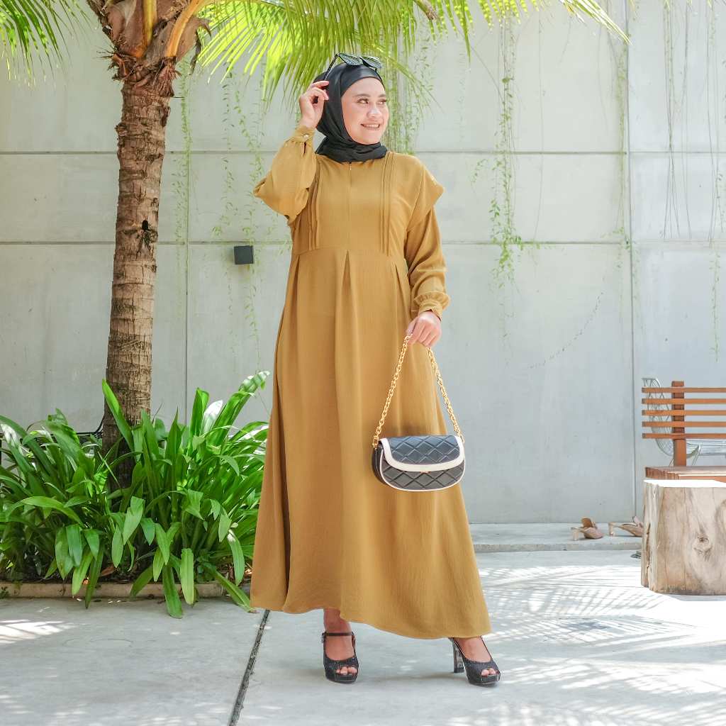 HMN Gamis Pesta Mewah Elegan Kondangan Terbaru 2024 Azkia Maxi Dress Bahan Crinkle Airflow Premium Lengan Panjang Manset Busana Muslim Wanita Model Modern Simple Ootd Set Hijab Style Baju Lebaran 2024 Kekinian