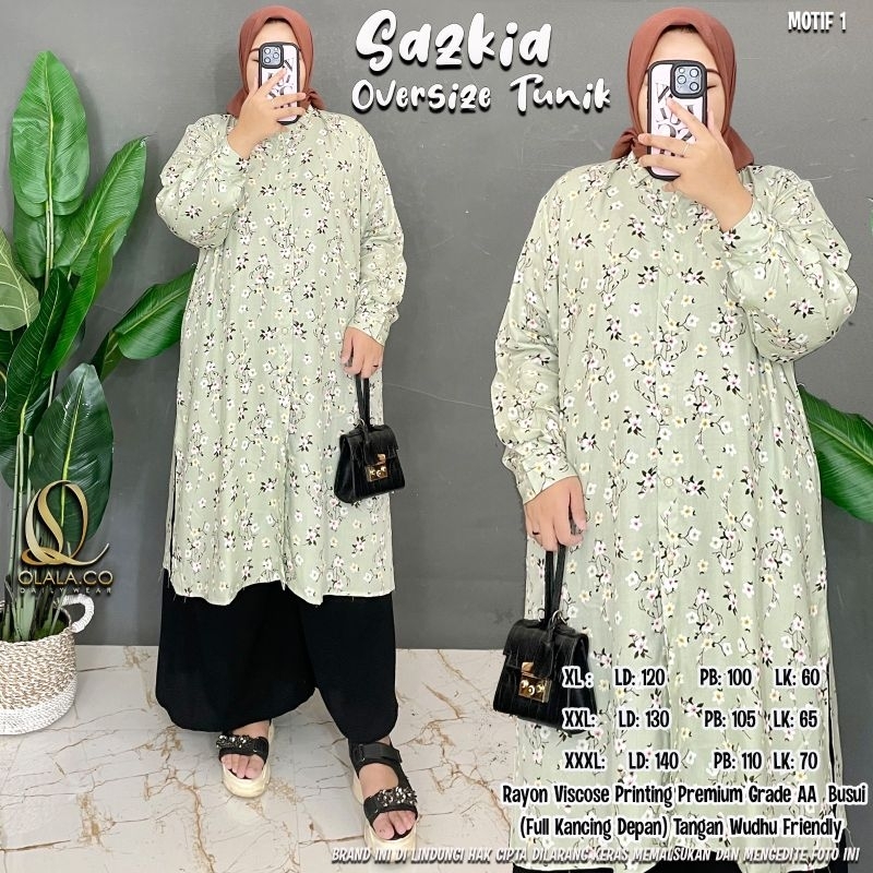 Sazkia #1 Long Tunik Oversize Jumbo Katun Rayon Viscose Motif Bunga Sz XL-XXXL Busui Kancing By Olal