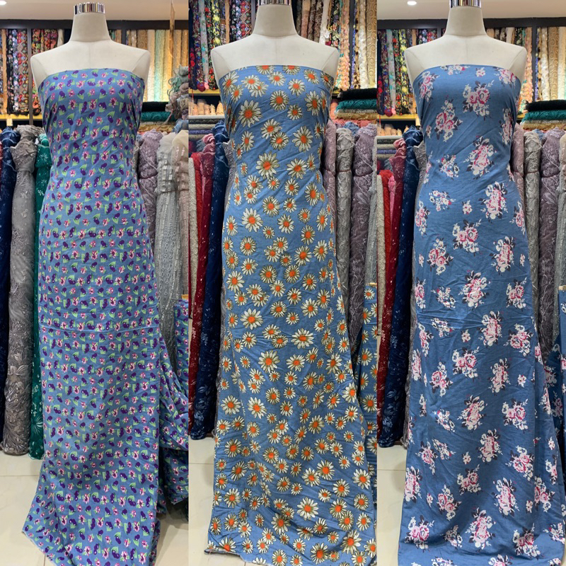Bahan Kain Katun Denim Motif Flowers