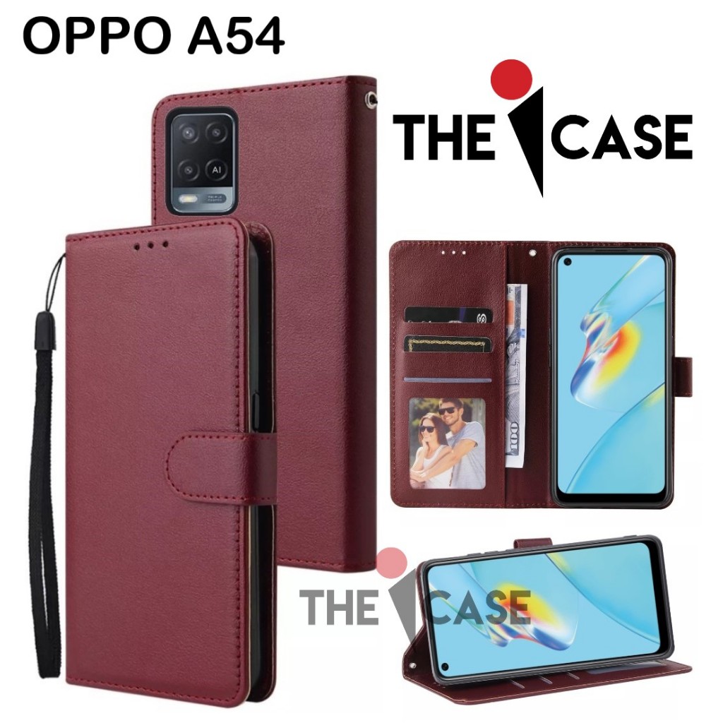 Casing OPPO A54 model flip buka tutup case kulit ada tempat foto dan kartu juga tali hp flip cover