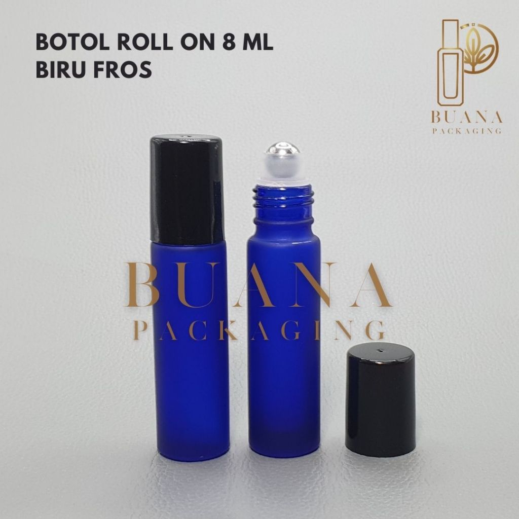 Botol Roll On 8 ml Biru Frossted Tutup Plastik Hitam Bola Stainles / Botol Roll On / Botol Kaca / Pa