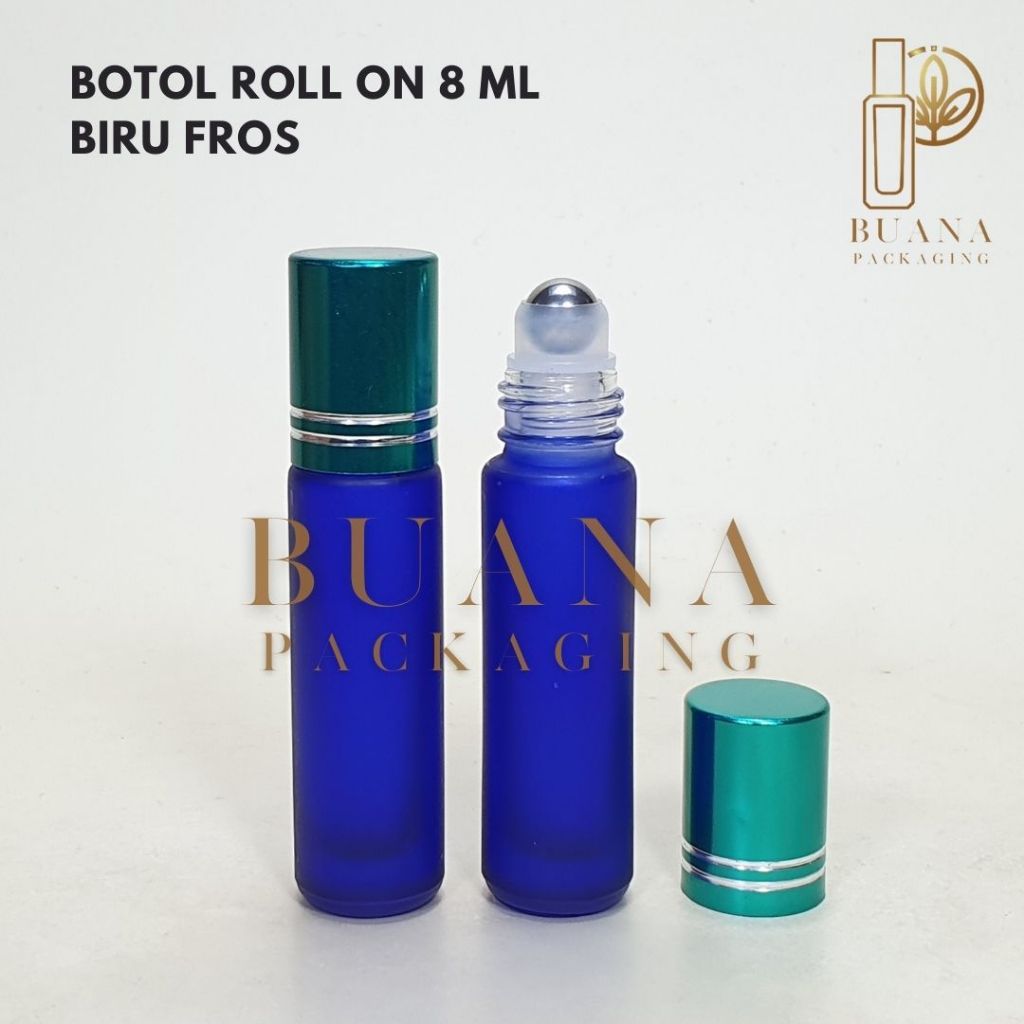 Botol Roll On 8 ml Biru Frossted Tutup Stainles Hijau Shiny Bola Stainles / Botol Roll On / Botol Kaca / Parfum Roll On / Botol Parfum / Botol Parfume Refill / Roll On 10 ml