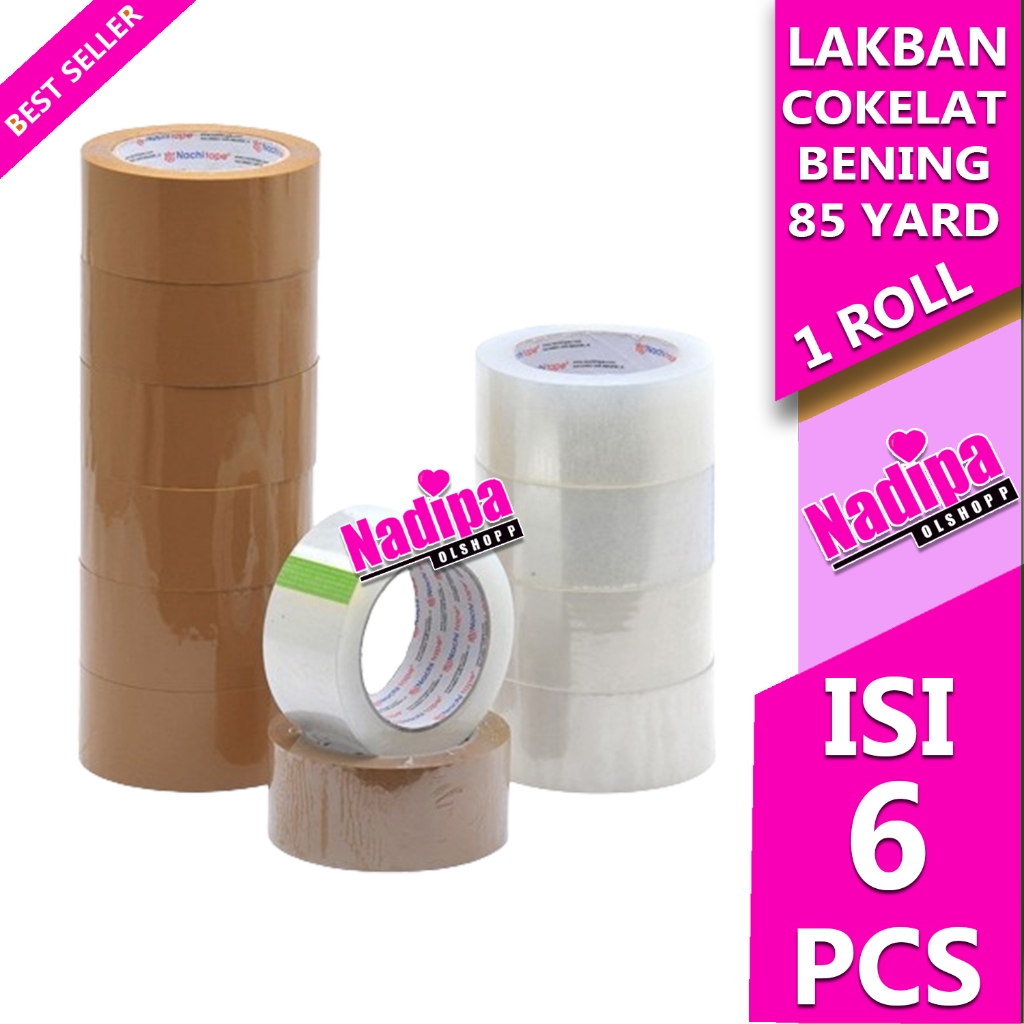 

LAKBAN COKLAT/BENING 85 YARD 1 ROLL ISI 6 PCS NADIPA OLSHOPP