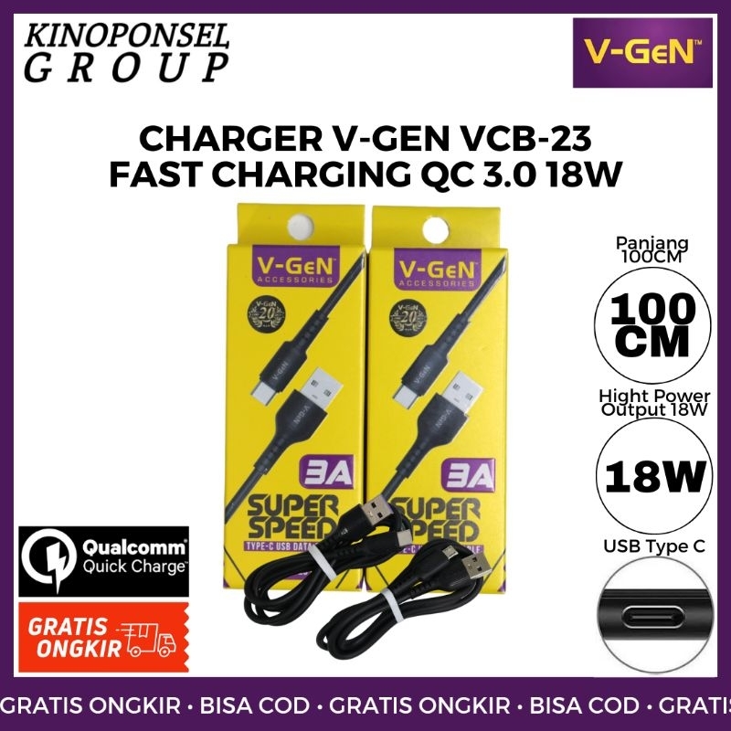 Kabel Data VGEN VCB-23 FAST CHARGING 18W Quick Charge Qualcomm 3.0 USB Type C | Kabel Data Hp Android Smartphone Phone Original Ori Fast Charging Quick Charge Tali Pengecas Cepat Flash Charge