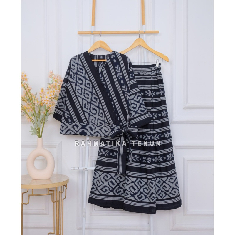 Kimono Set Bahan Tenun Troso Premium Ori, Set Atasan Kimono Rok Baju Set Wanita