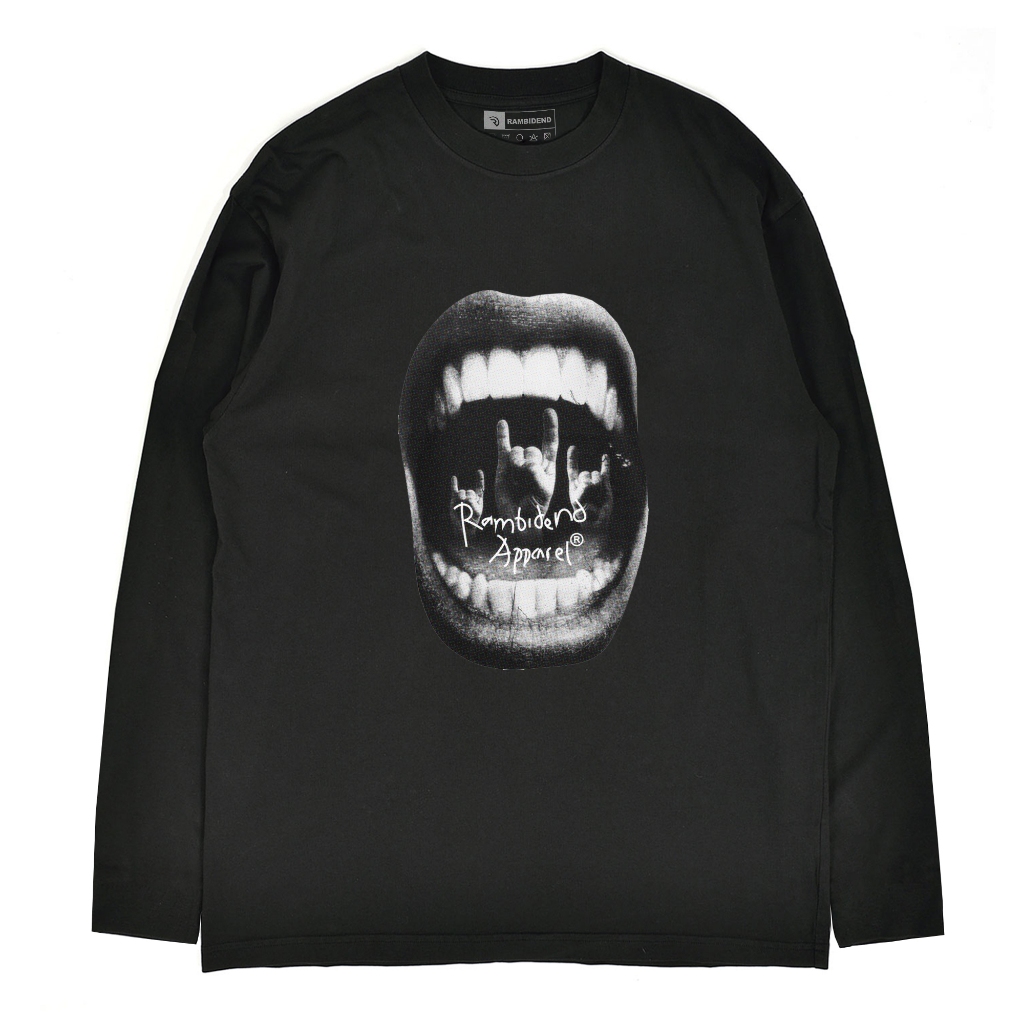 Rambidend - Kaos Distro Basic Pria Wanita Oblong Lengan Panjang Metal Hand Black